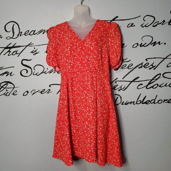a loves a Red Small Floral Fit & Flare V-Neck Dress, L - Picture 1 of 7